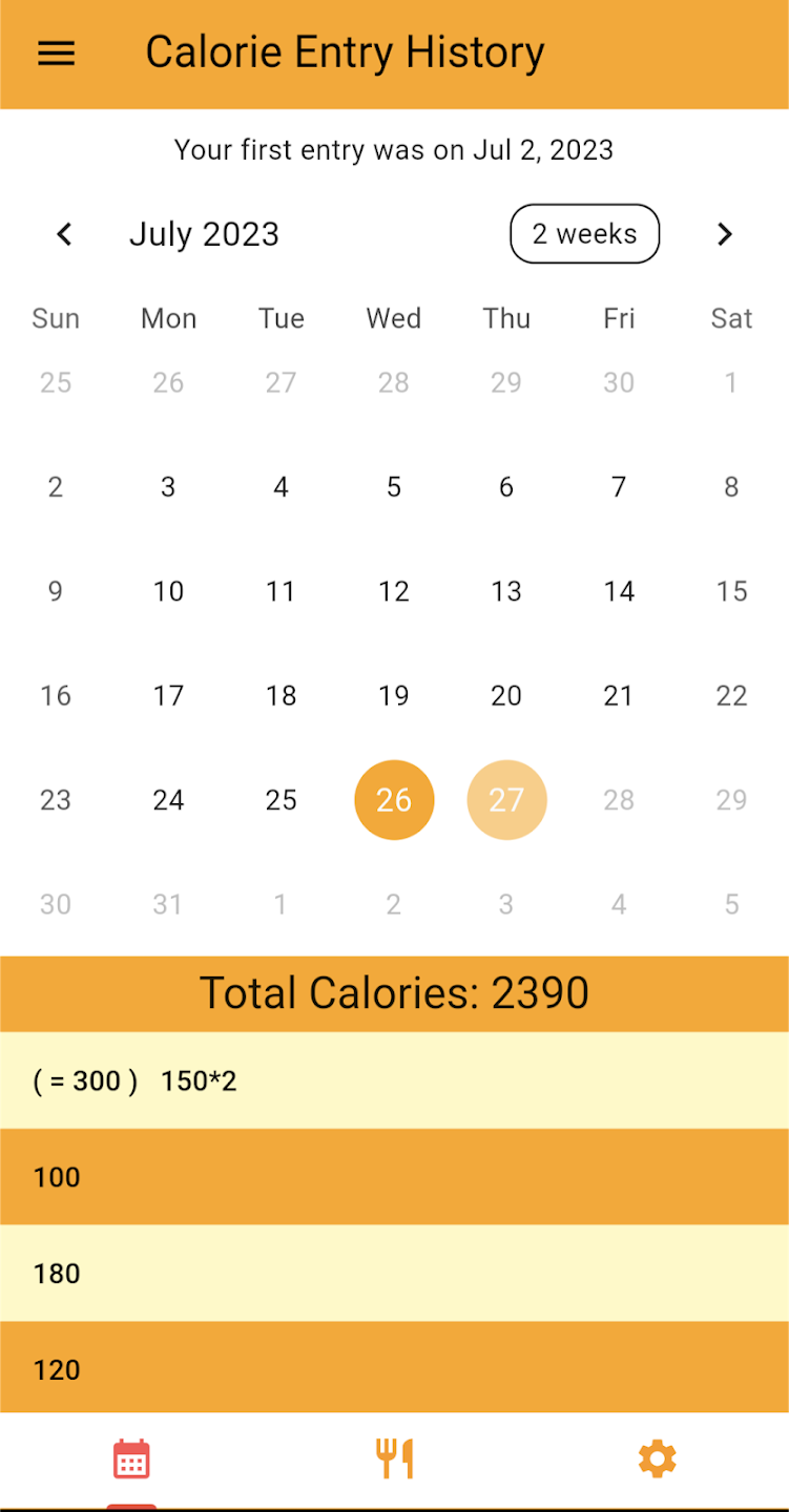 App interface showing calorie entry history screen