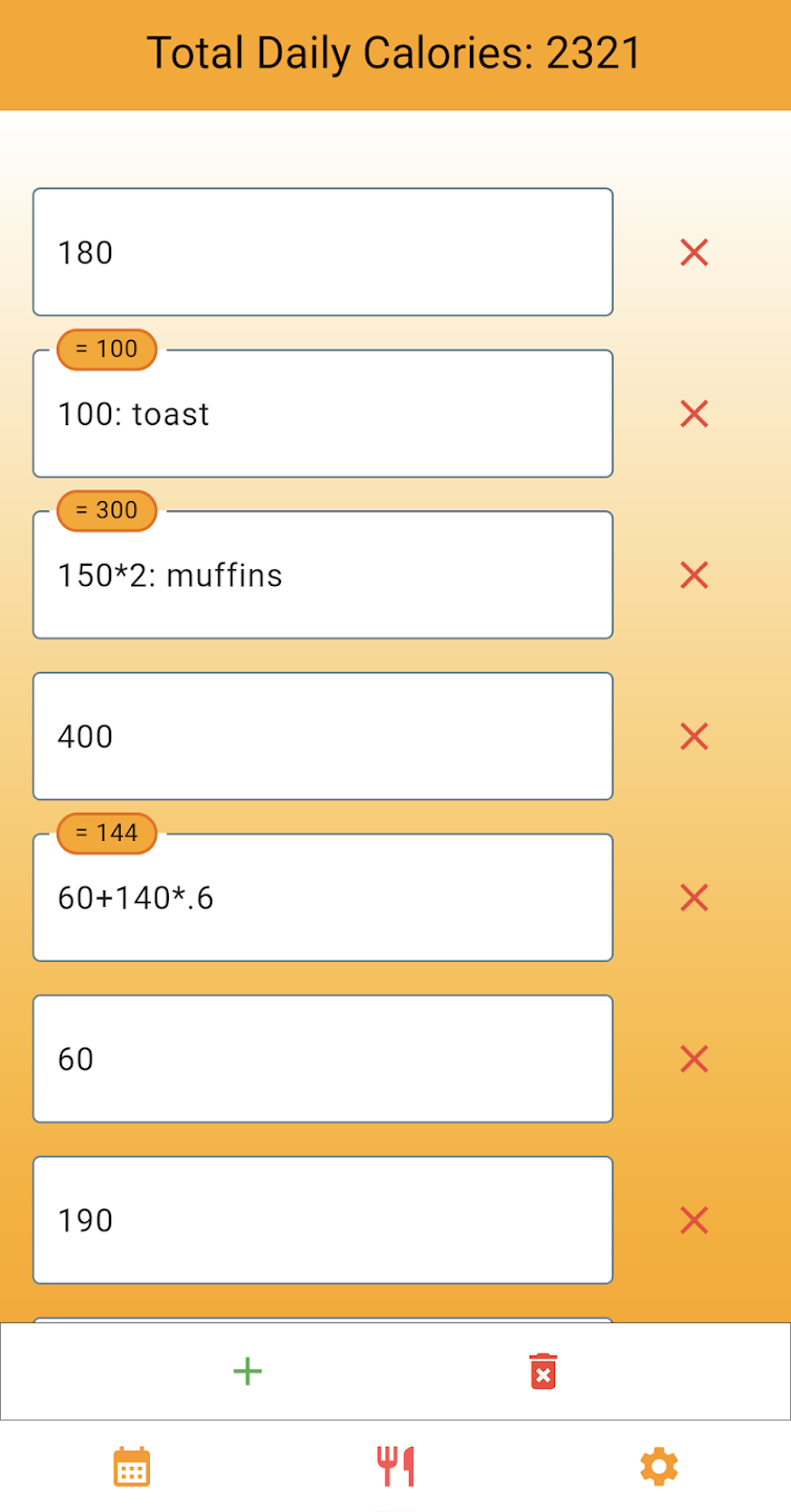 App interface showing calorie entry screen